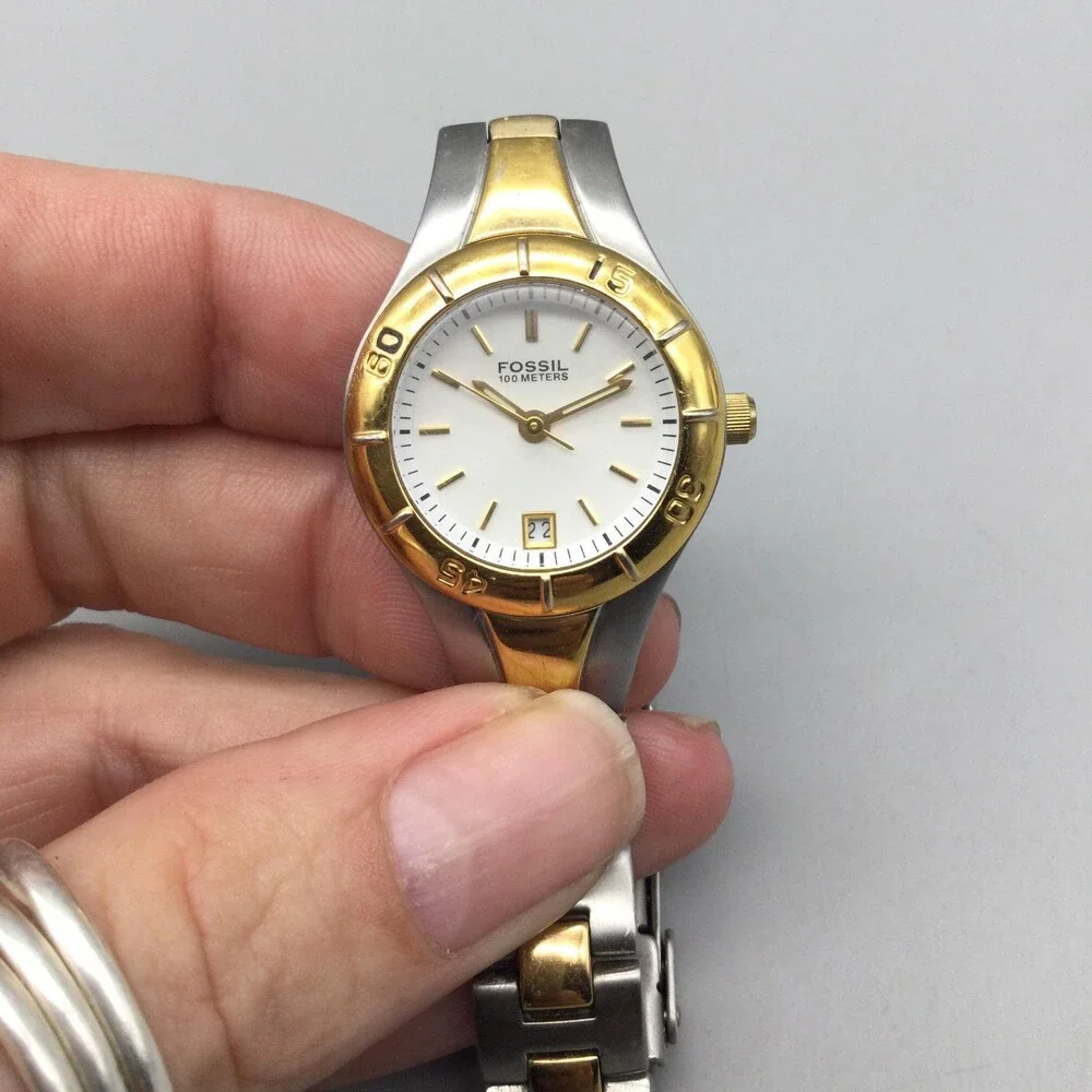 Fossil Blue 100M Womens Watch 25mm White Dial Two Tone Date New Battery 6.25